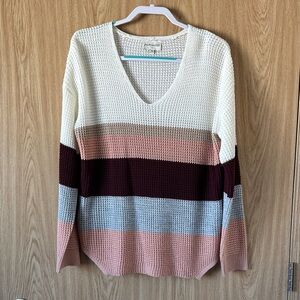 Freshman V-Neck Sweater with Stripes in Cream, Pink, and Gray